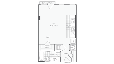 Floor plan for studio, 1 bath, 572 sqft