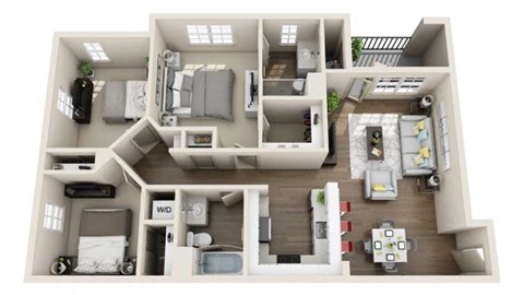 Floor plan for 3 beds, 2 baths, 1087 sqft
