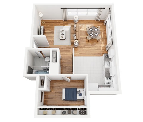 Floor plan for 1 bed, 1 bath, 750 sqft