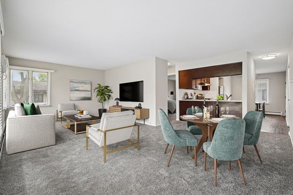 Clarendon Hills apartment for rent - A living room with a grey carpet and furniture.