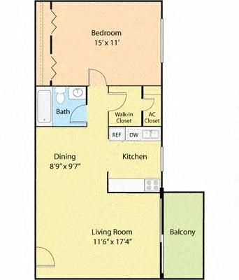 Floor plan for 1 bed, 1 bath, 627 sqft