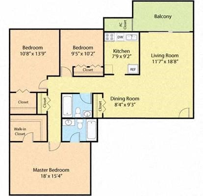 Floor plan for 3 beds, 2 baths, 1138 sqft