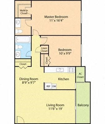 Floor plan for 2 beds, 1.5 baths, 835 sqft