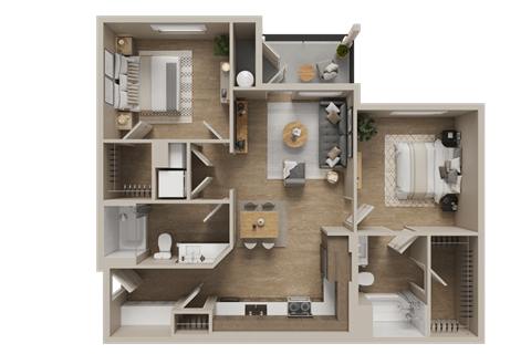 Floor plan for 2 beds, 2 baths, 1021 sqft
