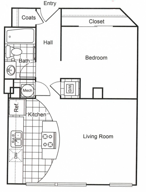 Floor plan for 1 bed, 1 bath, 664 sqft