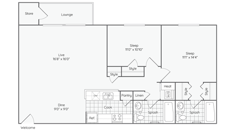 Floor plan for 2 beds, 2 baths, 1000 sqft