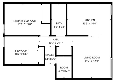 Floor plan for 2 beds, 1 bath, 837 sqft