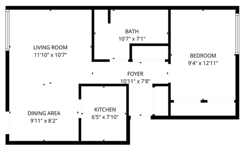Floor plan for 1 bed, 1 bath, 630 sqft