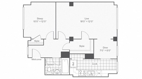Floor plan for 1 bed, 1 bath