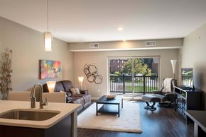 Pittsburgh apartment for rent - Living Room With Balcony View at Cosmopolitan Apartments, Pittsburgh, PA 15237