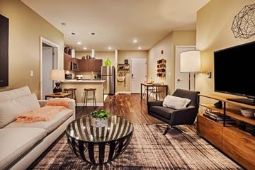 Pittsburgh apartment for rent - A modern living room with a glass coffee table and a grey sofa.