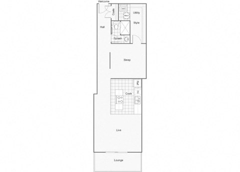 Floor plan for 1 bed, 1 bath, 746 sqft