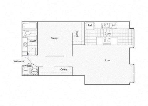 Floor plan for 1 bed, 1 bath, 798 sqft