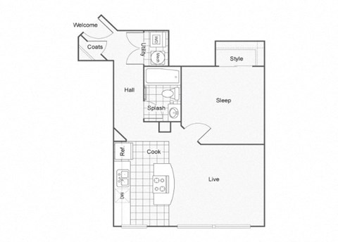 Floor plan for 1 bed, 1 bath, 665 sqft