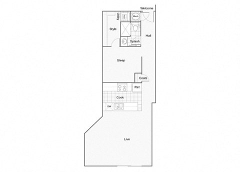 Floor plan for 1 bed, 1 bath, 792 sqft