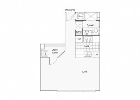 Floor plan for studio, 1 bath, 509 sqft