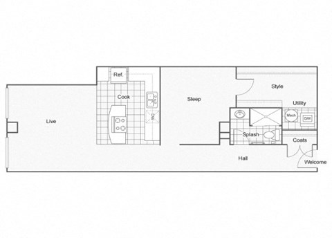 Floor plan for 1 bed, 1 bath, 795 sqft