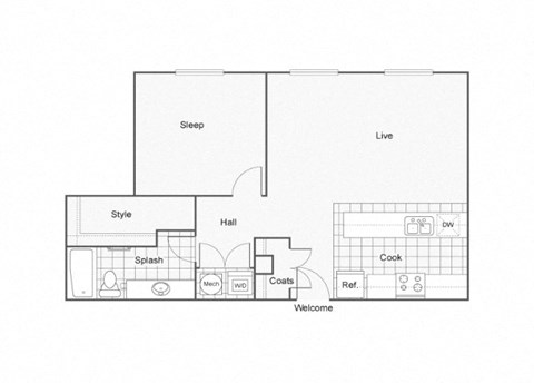 Floor plan for 1 bed, 1 bath, 797 sqft