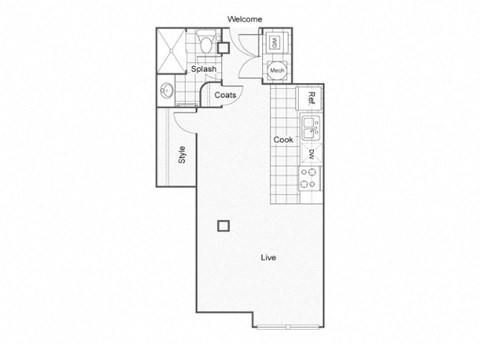 Floor plan for studio, 1 bath, 490 sqft