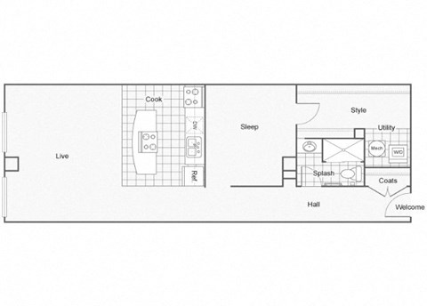 Floor plan for 1 bed, 1 bath, 839 sqft