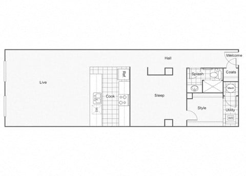 Floor plan for 1 bed, 1 bath, 900 sqft