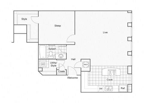 Floor plan for 1 bed, 1 bath, 871 sqft