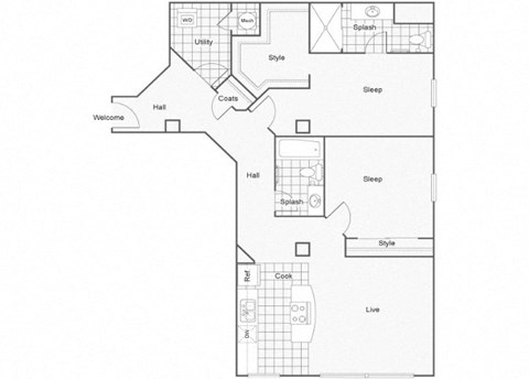 Floor plan for 2 beds, 2 baths, 1135 sqft