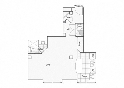 Floor plan for studio, 1 bath, 580 sqft