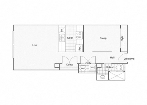 Floor plan for 1 bed, 1 bath, 677 sqft
