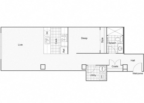 Floor plan for 1 bed, 1 bath, 784 sqft