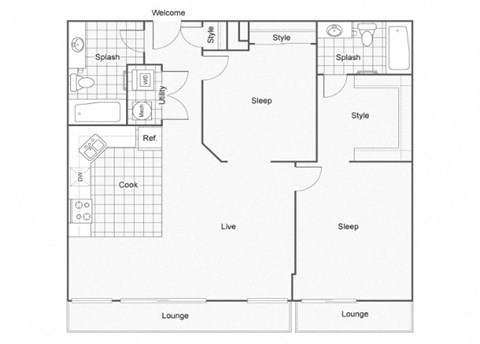 Floor plan for 2 beds, 2 baths, 913 sqft