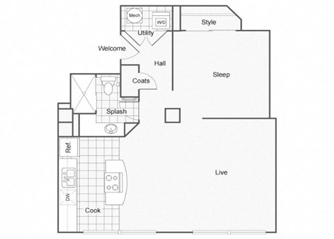 Floor plan for 1 bed, 1 bath, 770 sqft