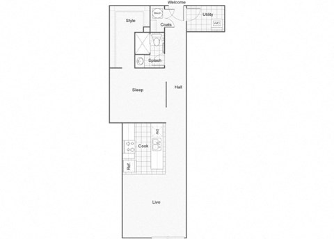 Floor plan for 1 bed, 1 bath, 749 sqft