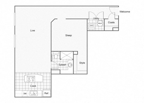 Floor plan for 1 bed, 1 bath, 841 sqft