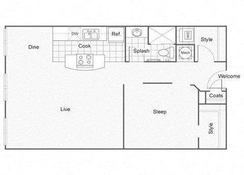 Floor plan for 1 bed, 1 bath, 815 sqft