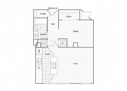Floor plan for 1 bed, 1 bath, 668 sqft