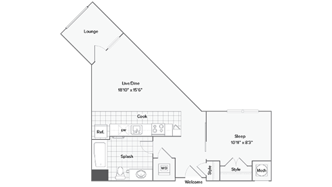 Floor plan for 1 bed, 1 bath, 539 sqft