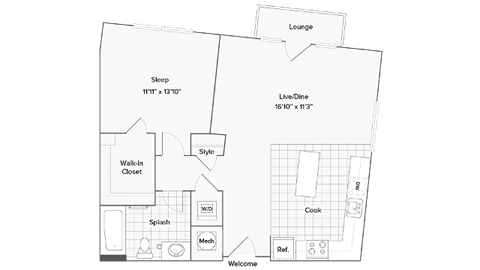 Floor plan for 1 bed, 1 bath, 729 sqft