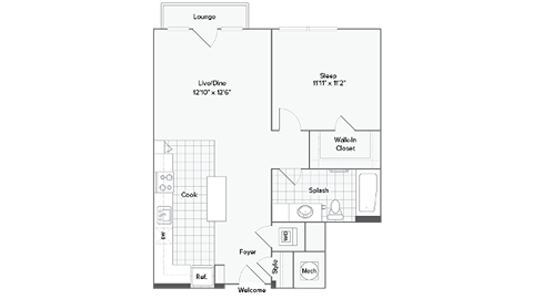 Floor plan for 1 bed, 1 bath, 723 sqft