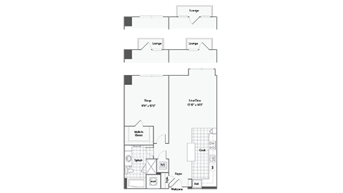 Floor plan for 1 bed, 1 bath, 771 sqft