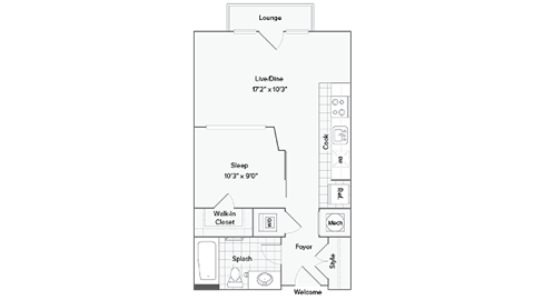 Floor plan for 1 bed, 1 bath, 533 sqft