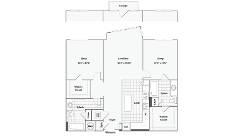 Floor plan for 2 beds, 2 baths, 1074 sqft
