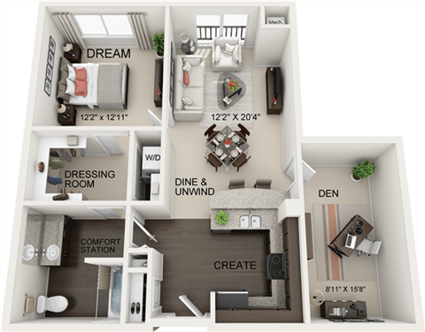 Floor plan for 1 bed, 1 bath, 947 sqft