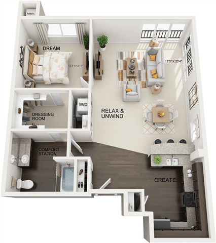 Floor plan for 1 bed, 1 bath, 1059 sqft