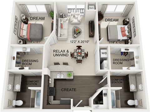 Floor plan for 2 beds, 2 baths, 1147 sqft