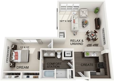 Floor plan for 1 bed, 1 bath, 883 sqft