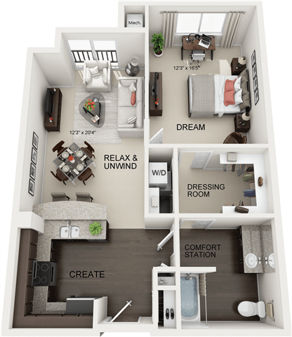 Floor plan for 1 bed, 1 bath, 839 sqft