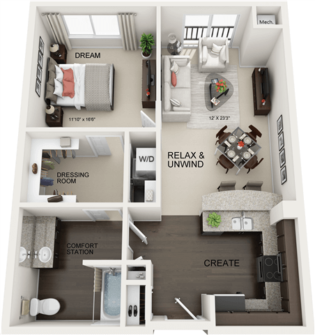 Floor plan for 1 bed, 1 bath, 870 sqft