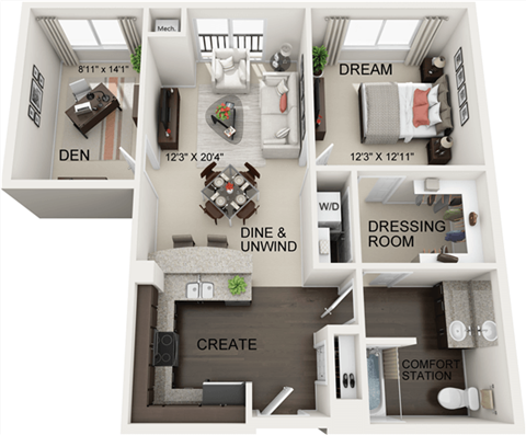 Floor plan for 1 bed, 1 bath, 928 sqft