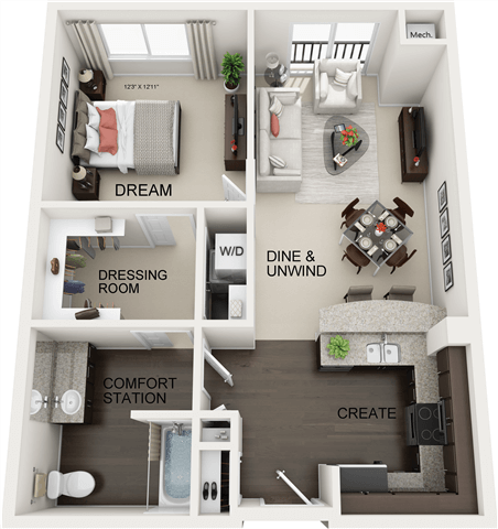 Floor plan for 1 bed, 1 bath, 794 sqft